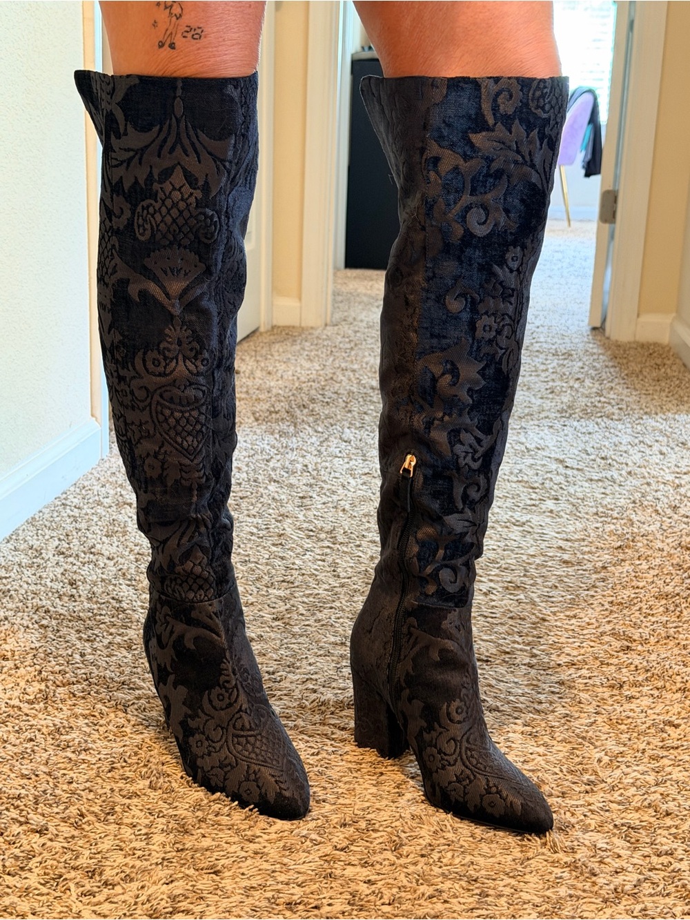 Nine West Black Embossed Knee-High Block Heel Boots